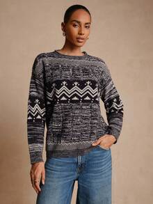Lyxana Autumn/Winter New Women's Vintage Fashion Jacquard Contrast Color Casual Loose Crew Neck Long Sleeve Sweater - Multicolor - View 6