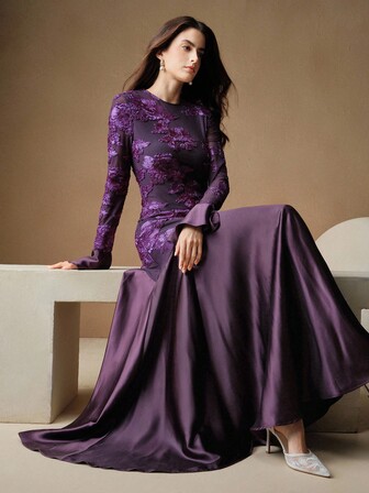 Anewsta Kadınlar İçin Şık Dokulu Patchwork Şemsiye Etekli Elbise, Parti ve Ziyafetlere Uygun, İlkbahar/Sonbahar