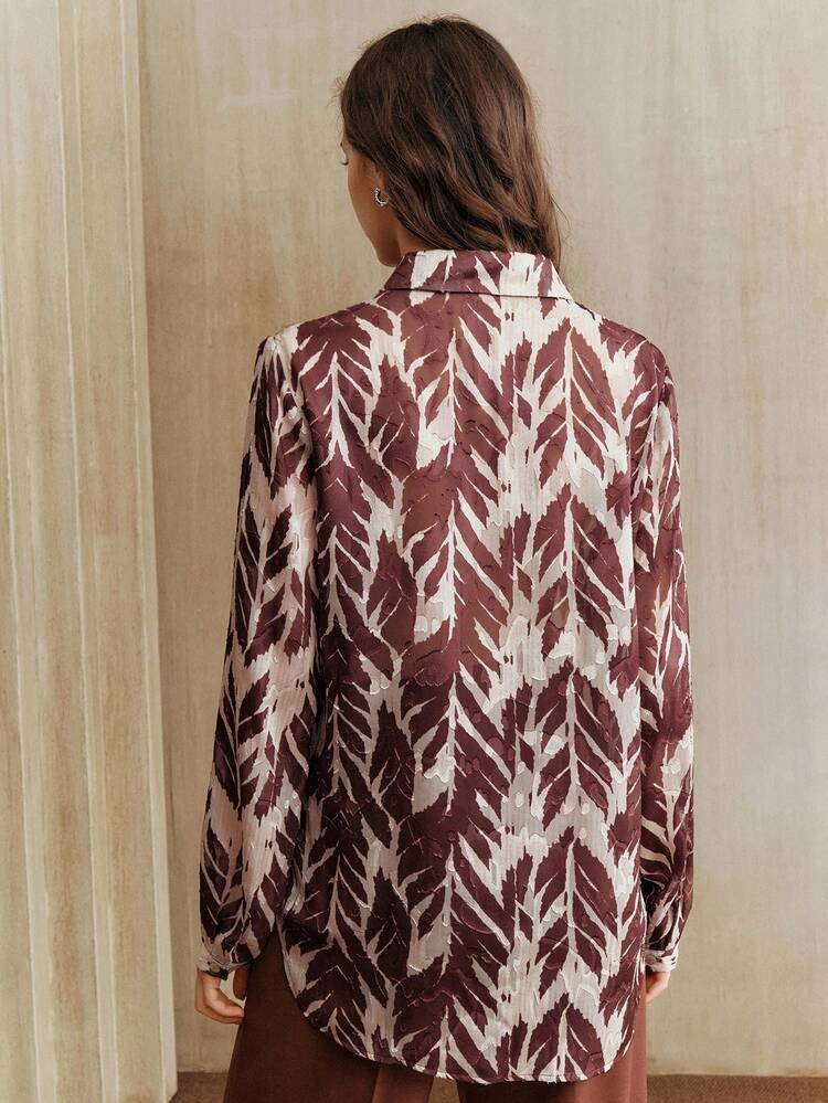 ヴィンテージエレガントツリーシャドウプラントリーフトロピカル柄シフォンシアーゆったりロング袖レディースブラウス、秋冬、クリスマス、新年、エレガント、ラグジュアリー、シック、カジュアル、ビジネスに適しています