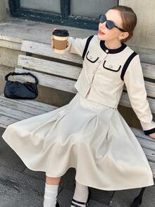 青少年女孩休闲通勤学院风撞色滚边翻盖口袋夹克和褶皱裙套装，春秋季 - 卡其色 - 查看 4