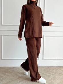 EURMUSE Women's Half-Turtleneck, Drop Shoulder, Ribbed Sweater And Sweater Pants Two-Piece Set - Brown - View 6