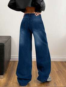 EURMUSE Low Waist Wash Detailed Wideleg Jean - Dark Wash - View 2