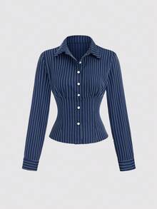 Sweetra 时尚撞色纹理纽扣修身腰部修身条纹领长袖女式衬衫 - 藍色 - 查看 2