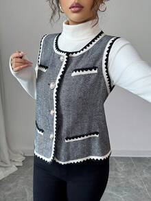 SHEIN Clasi Women's Round Neck Open Front Sleeveless Herringbone Tape Trim Jacket, Suitable For Office, Shopping, Commuting And Other Occasions, Carnival Night - Grey - View 6