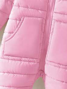 SHEIN Baby Girls' Casual Cute Hooded Zip-Up Long Sleeve Jumpsuit With Thermal Lined, Winter