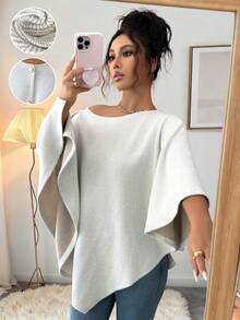 Elenzga Women's New Autumn/Winter Fashion Elegant One-Shoulder Round Neck Elastic Tweed Faux Fur Shawl Collar Asymmetrical Hem Batwing Loose Casual Cloak Poncho Coat - Multicolor - View 6