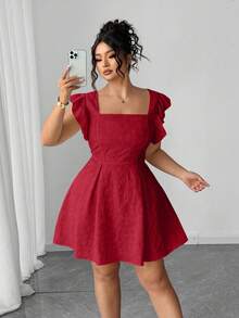 Elenzga 大码纯色方领提花荷叶边优雅连衣裙 - 酒紅色 - 查看 8