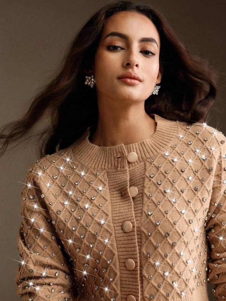 Women's Apricot Crochet Rhinestone Cardigan, Suitable For Autumn, Fall, Winter, Going Out, Elegant, Formal, Party, Chic, New Year, Christmas, Work, Graduation, Wedding