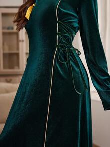 Al Najma Emerald Green Waist Tie Flared Long Sleeve Velvet Elegant Dress, Suitable For Formal Occasions, Autumn/Winter