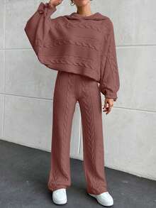 EURMUSE 休闲麻花针织连帽短款毛衣和麻花针织毛衣裤两件套 - 藕粉色 - 查看 7