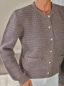 EURMUSE Women Soft Touch Gold Button Front Detailed Knit Cardigan Textured Knit Cardigan With Pearl Buttons, Elegant Round Neck Sweater For Chic Fall Winter Outfits - Chocolate Brown - View 6