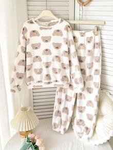 SHEIN 2 件套 Tween Girls 可爱熊图案柔软舒适羊毛圆领长袖上衣和裤子睡衣套装，秋冬 - 杏色 - 查看 2