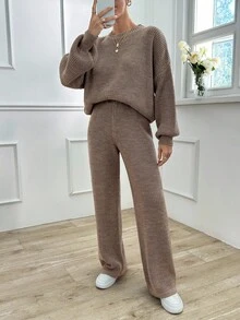 EURMUSE Casual Basic Oversize Balloon Sleeve Sweater & Wide Leg Plain Sweater Pants 2 Piece Set - Beige - View 3