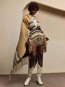 Bóhologie BOHOLOGIE 超大版型多色条纹拼色连帽流苏细节下摆斗篷 冬季、女士开衫、开衫、秋季、女士秋季服装、开衫、秋季服装 - 彩色 - 查看 5