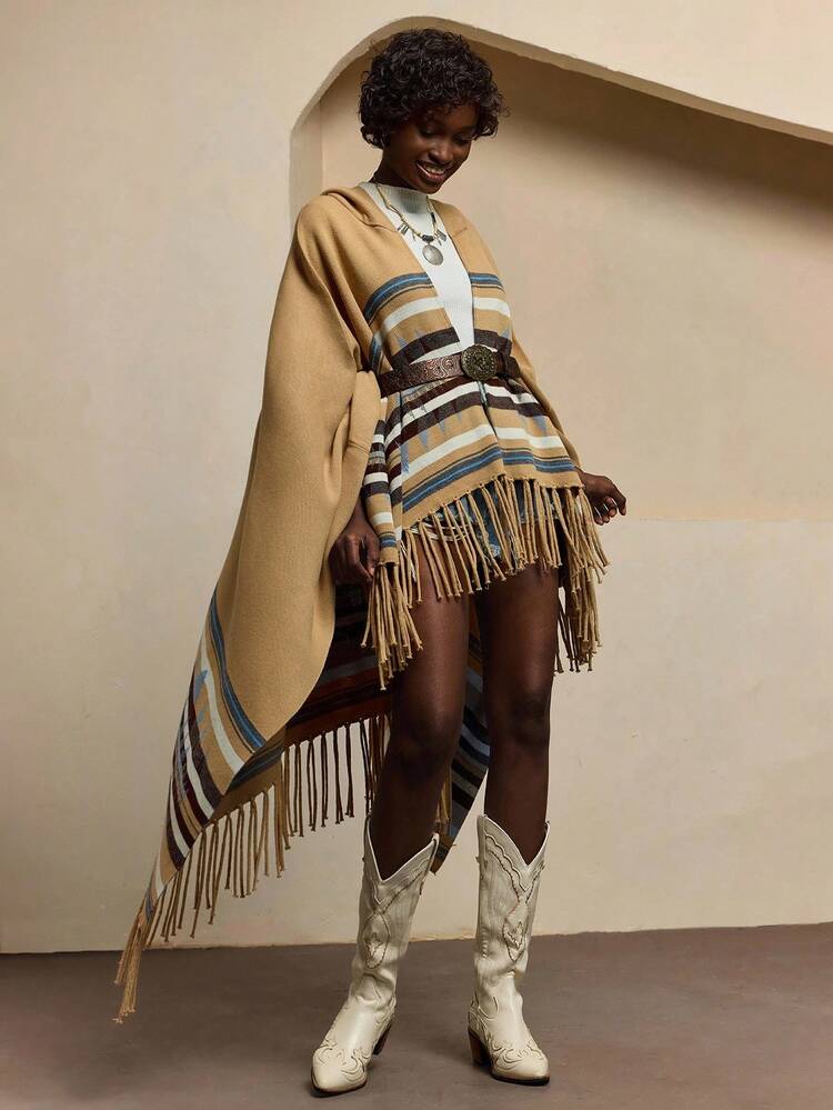 Bóhologie BOHOLOGIE Áo choàng Bohologie dáng rộng, nhiều màu, sọc, khối màu, có mũ, viền tua rua, chi tiết cho mùa đông, áo khoác cardigan nữ, áo khoác cardigan, mùa thu, trang phục mùa thu cho nữ, áo khoác cardigan, quần áo mùa thu - Nhiều màu - Xem 5