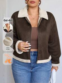 SHEIN Frenchy 加大码女式毛茸茸夹克，日常百搭深棕色保暖内衬厚外套，适合秋冬外出