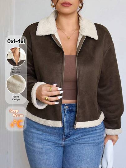SHEIN Frenchy 加大码女式毛茸茸夹克，日常百搭深棕色保暖内衬厚外套，适合秋冬外出