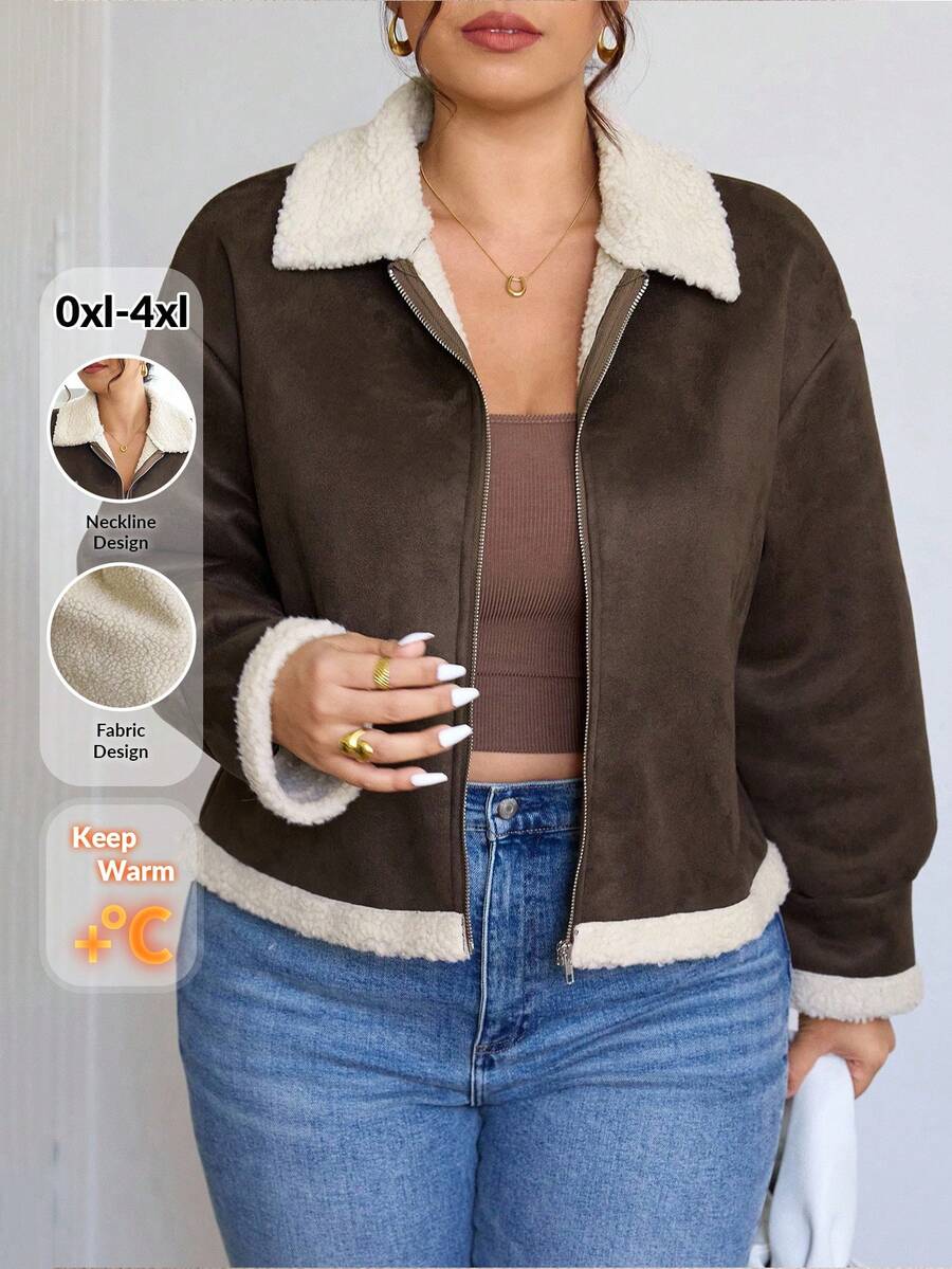SHEIN Frenchy 加大码女式毛茸茸夹克，日常百搭深棕色保暖内衬厚外套，适合秋冬外出