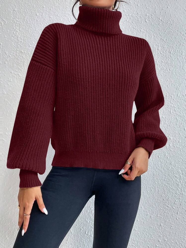 Celisse Solid Color Turtleneck Ribbed Knit Casual Long Sleeve Pullover Sweater - Rose Red - View 3