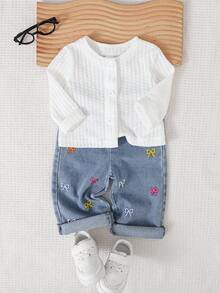 SHEIN Playful Pals 女婴休闲纯色长袖外套和蝴蝶结刺绣长裤两件套，适合春、秋、冬季，室内外皆可穿着，日常穿着。 - 彩色 - 查看 1
