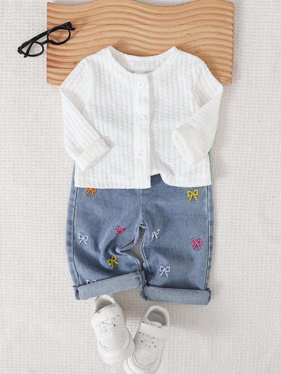SHEIN Playful Pals 女婴休闲纯色长袖外套和蝴蝶结刺绣长裤两件套,适合春、秋、冬季,室内外皆可穿着,日常穿着。 - 彩色 - 查看 1