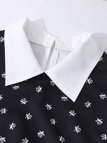 SHEIN Explorewe Streecool Teen Girl Casual College Style Teen Girl Solid Color Patchwork Long Sleeve Short Casual Dress - Black - View 5