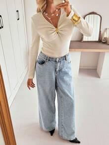 Siren Gaze Women's Cream White Elegant T-Shirt,V-Neck Metal Decor Long Sleeve Ribbed Slim-Fit Stretch Top,Autumn Everyday Modest Casual Top For Office & Brunch - Apricot - View 5