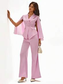 Rafferiza Bộ vest thanh lịch cho nữ, áo khoác cổ ve lật hai hàng khuy và quần ống loe màu trơn - Màu Hồng baby - Xem 6