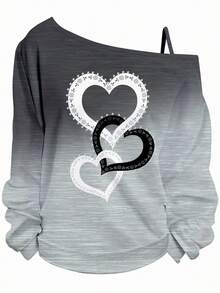 EMERY ROSE 1 件女式加大码渐变色心形印花露肩长袖 T 恤，休闲，适合秋冬季，黑色 T 恤，秋季女装 Y2k 服装女式上衣露肩运动衫女式长袖上衣可爱长袖上衣灰色 - 彩色 - 查看 3