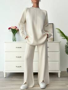 EURMUSE Women's Solid Color Stand Collar Raglan Sleeve Sweater And Knitted Relaxed Fit Pants Set, Fall Winter - Beige - View 6