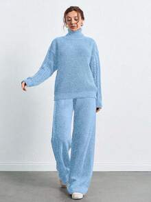 SHEIN Tall 高領落肩袖毛衣與長褲套裝，女款套裝，小碼套裝，套裝，小碼，冬季衣物，高個子女性 - 淺藍色 - 查看 4