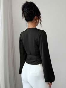 Elenzga 女式纯色灯笼袖裹身领带优雅衬衫，秋季 - 黑色 - 查看 2