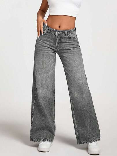 EURMUSE Jeans droits, amples et polyvalents à taille basse avec poches pour femmes