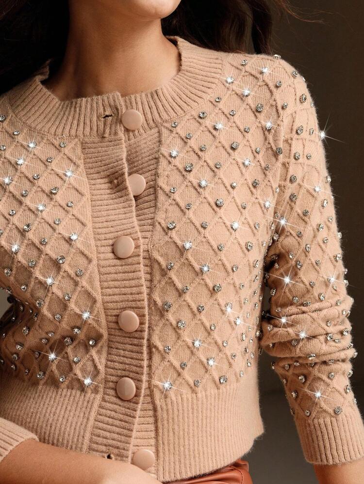 Women's Apricot Crochet Rhinestone Cardigan, Suitable For Autumn, Fall, Winter, Going Out, Elegant, Formal, Party, Chic, New Year, Christmas, Work, Graduation, Wedding