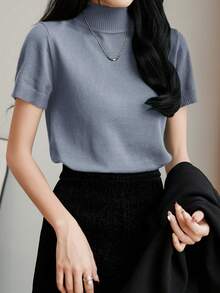 Almamuse 女士休闲日常通勤简约纯色高领短袖宽松针织上衣，秋冬 - 灰色 - 查看 3