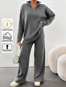 EURMUSE Women's Loose Casual Knit Sweater 2pcs/Set - Dark Grey - View 1