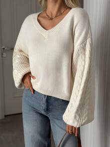 EURMUSE Einfarbiger V-Ausschnitt-Pullover mit Fledermausärmeln, lockerer Oversized-Lässig-Stil, gestrickte Tunika für Herbst/Winter, Damenpullover, Zopfstrick-Pullover, V-Ausschnitt-Pullover, Ballonärmel-Pullover, Jumper, cremefarbener Jumper, Jumper, Weihnachts-Jumper, weißer Jumper, schwarzer Jumper, Damen-Jumper, Damen-Jumper - Aprikosenfarben - Übersicht 4
