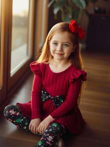 SHEIN 2 件套年轻女孩纯色针织圆领拼布圣诞图案蝴蝶结装饰上衣和圣诞树、圣诞老人、雪花、鹿印花裤，适合秋冬季圣诞派对、宴会、生日 - 紅色 - 查看 7