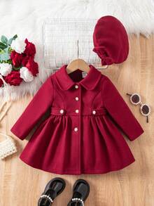 SHEIN اشتر واحد واحصل على واحد مجانًا، 2 عبوة قبعة بيريه بسيطة وجميلة للأطفال الرضع البنات مع زخرفة فيونكة، معطف متوسط الطول مناسب لحفلات عيد الميلاد، الحفلات المسائية، الحفلات، حفلات الزفاف، المعمودية، حفلات الافتتاح، مناسب للاستخدام اليومي، مناسب للخروج، مناسب لعيد الميلاد والعطلات، مناسب للخريف والشتاء - الأحمر - مشاهدة 2