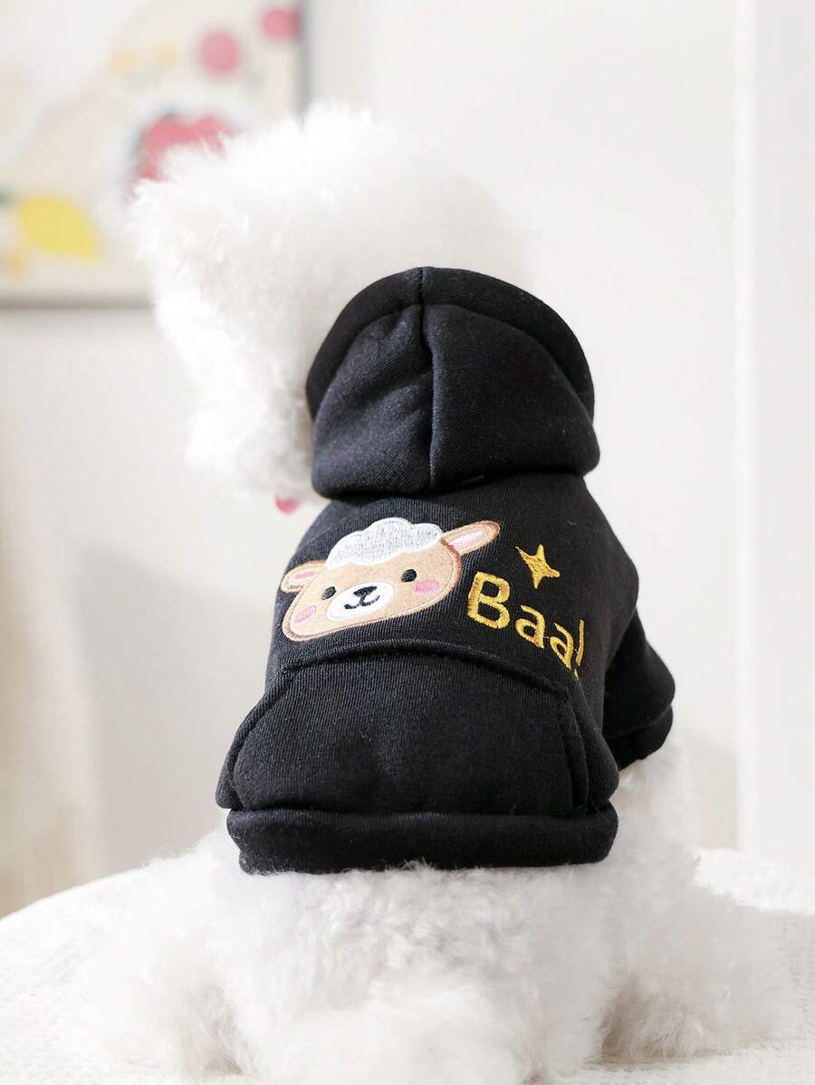 PETSIN 1 件宠物服装,可爱刺绣绵羊黑色秋冬保暖连帽衫,猫狗穿着口袋温暖舒适的外套 - 黑色 - 查看 1