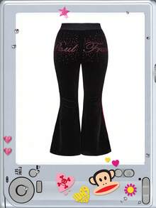 Paul Frank X ROMWE Plus Size Rhinestone Graphic Vintage Velvet Hooded Jacket & Flared Pants 2 Pieces Set, Autumn/Winter - Black - View 8
