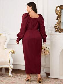 Modelyn Đầm ôm dáng thanh lịch màu trơn dành cho nữ cỡ lớn, tay phồng xếp ly, xẻ tà, thích hợp cho mùa xuân/thu. - Màu Đỏ Sâu - Xem 4