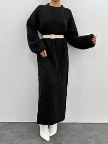 EURMUSE 女士纯色圆领罗纹针织休闲长袖毛衣连衣裙 - 黑色 - 查看 6