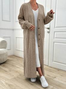 EURMUSE Women's Casual Daily Solid Color Simple Cable Knit Button Front Long Cardigan, Autumn/Winter - Beige - View 8