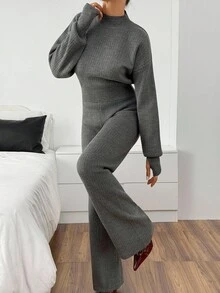 EURMUSE 炭灰色罗纹针织短款高领上衣和阔腿休闲裤套装 - 深灰色 - 查看 4