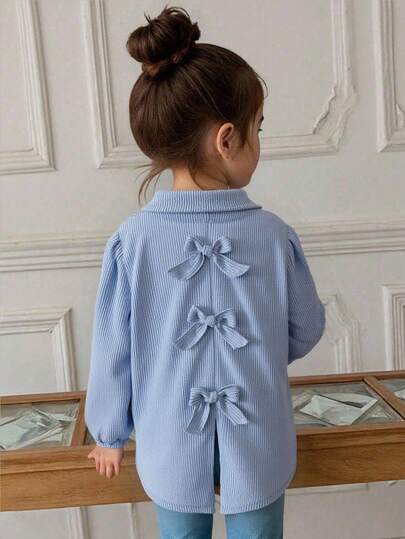 Elladie kids 年轻女孩休闲甜美灯芯绒蓝色开衩蝴蝶结长袖衬衫，适合冬季、秋季、春季