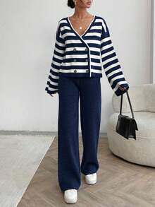 EURMUSE Women Stripe Pattern Front Button V-Neck Drop Shoulder Cardigan & Sweater Pants Set - Navy Blue - View 2
