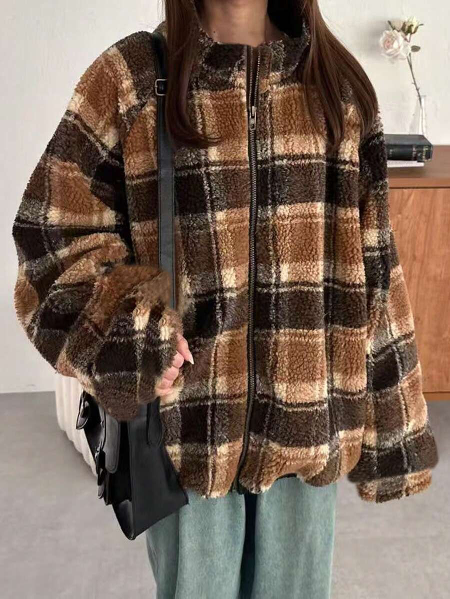 INAWLY New Autumn/Winter Stand Collar Loose Casual Plaid Cardigan - Khaki - View 1