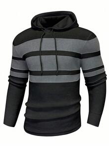 Manfinity Homme Men's Striped Long Sleeve Casual Drawstring Hooded Sweater, Autumn/Winter, Grunge Style - Black - View 3
