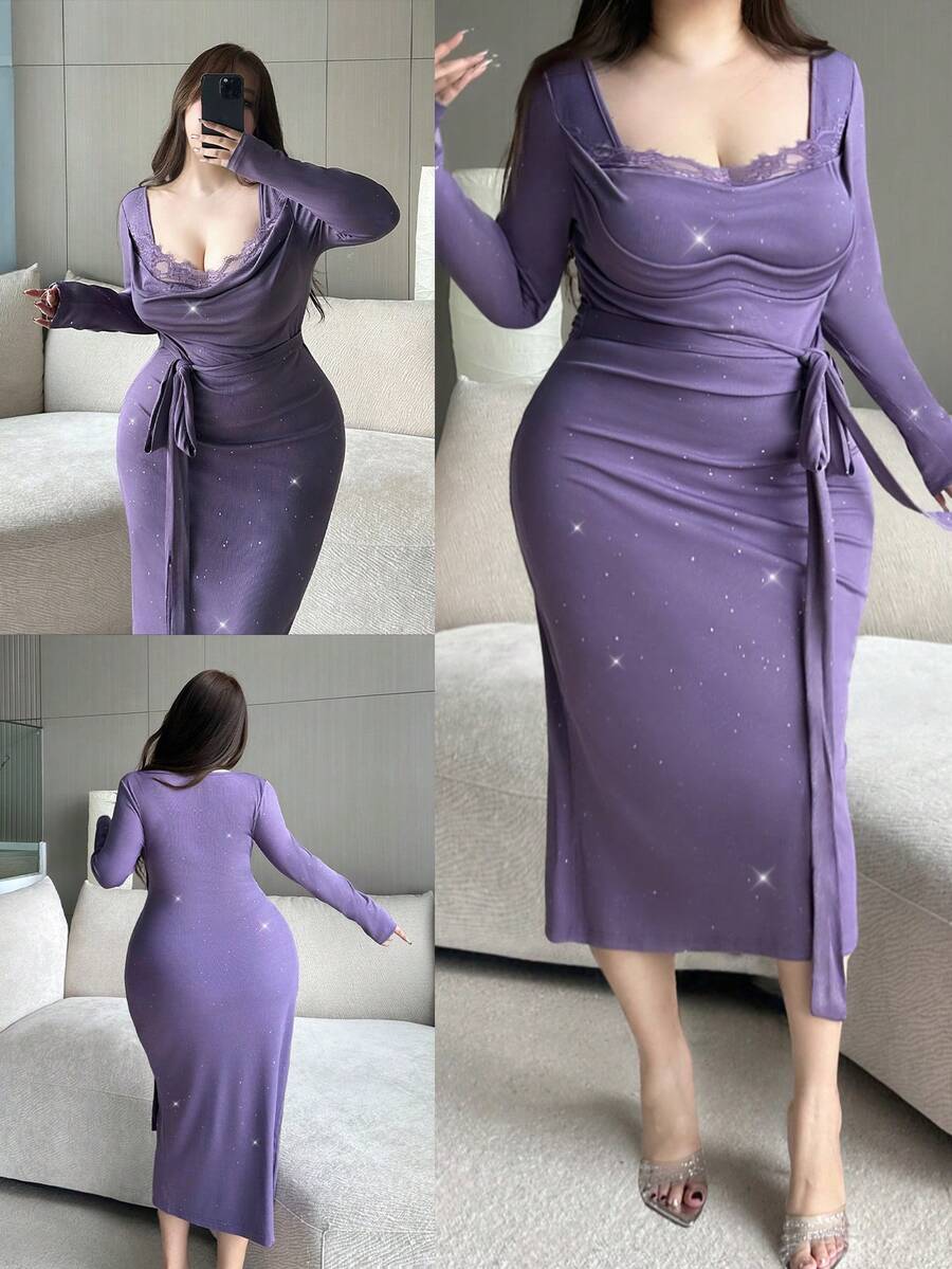 Flirla Vibekara-D Plus Size Women's Elegant Vintage Plunging Neck Fitted Long Sleeve Purple Autumn Birthday Dress, Belted Waist Cocktail Party Dress - Purple - View 1